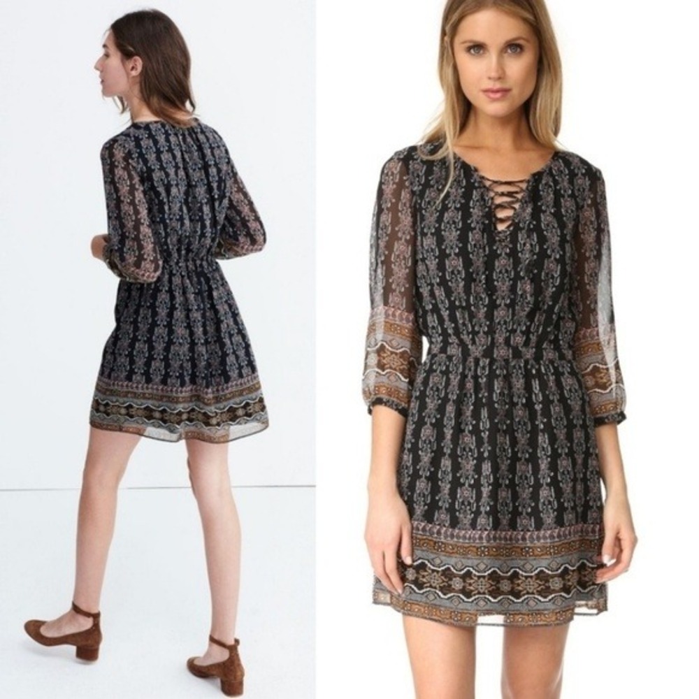 Madewell Long Sleeve Mini Dress Damask Print Allover Cinched Waist Blue 12 Boho - Picture 15 of 15